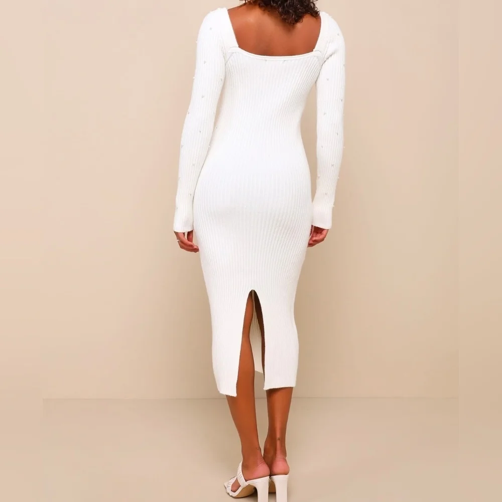 Lulus L Gleaming Babe White Ribbed Knit Pearl Midi Sweater Dress, Size Large